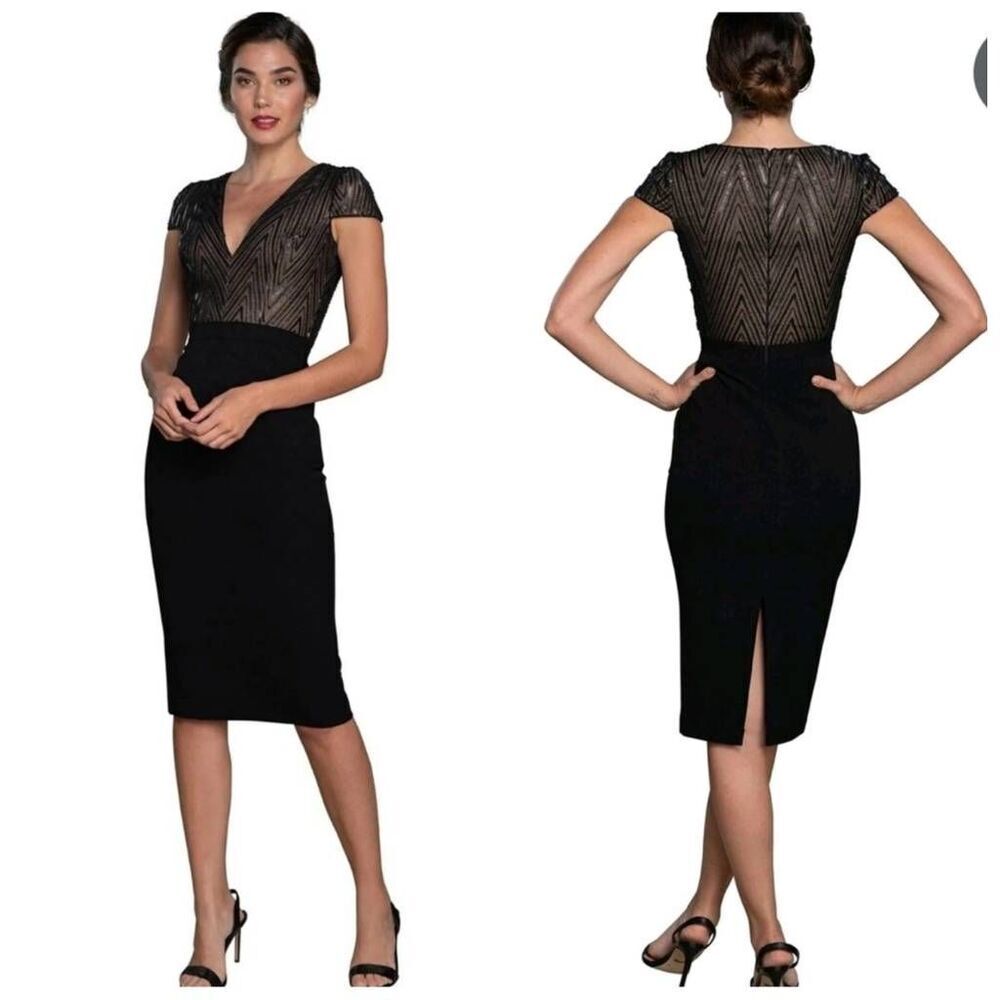 NWOT Dress the Population Ivy Sequin Mesh Pencil Dress Black Nude Lined Size S